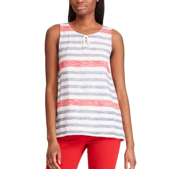 🔴5/$15 Chaps Print Lace-Up Striped Tank NWT - Picture 2 of 2